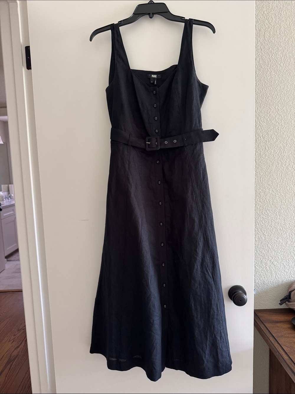 PAIGE Black Sleeveless Cotton Linen Button-Front Midi Dress with Belted Waist